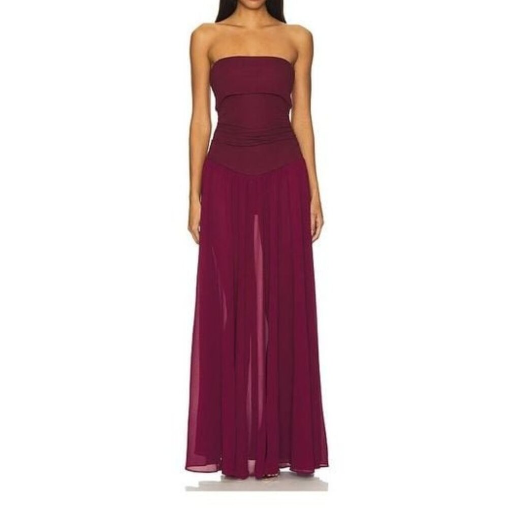 Camila Coelho Minji Maxi Dress in Maroon red strapless sheer ball gown flowy